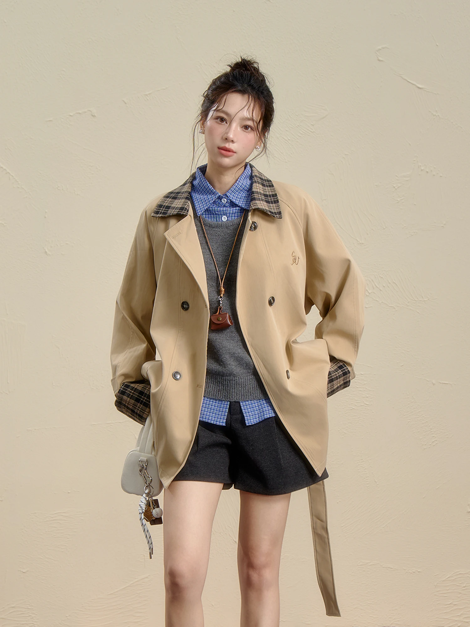 

Retro Plaid Stand Collar Splicing ort Double Button Women's Autumn Windbreaker Korean Sle Commute Loose Fit Long Sve