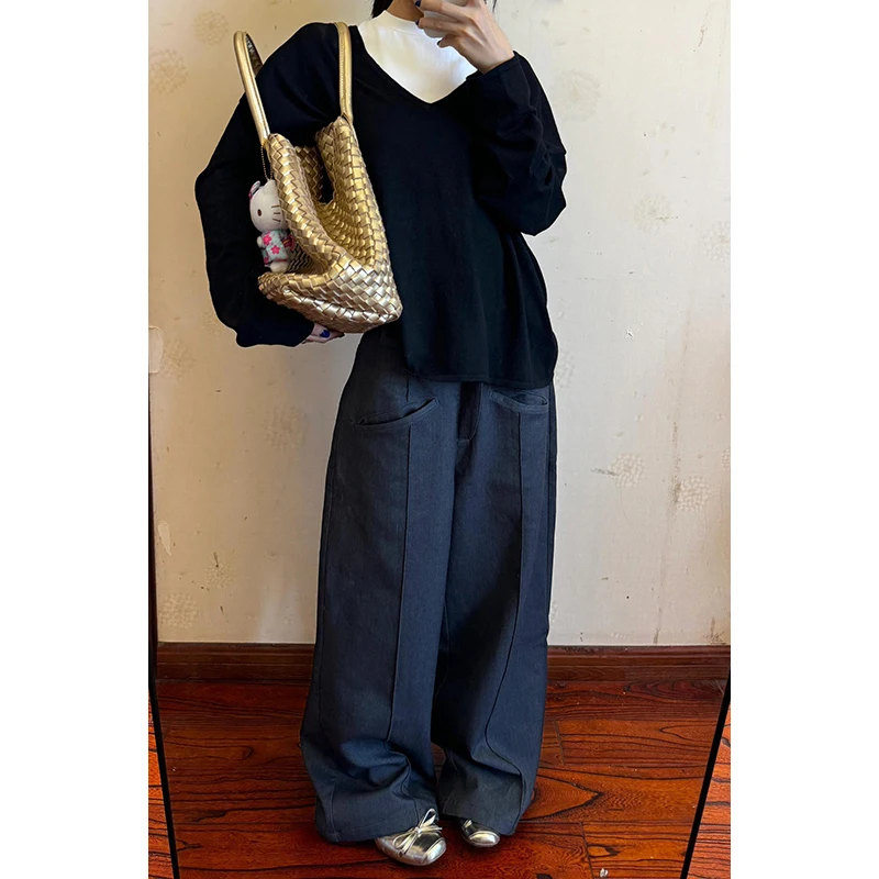 

PBAP Solid Patchwork Pockets Suit Pants Women Pintuck High Waist Loose Casual Wide Leg Draped Trousers Vintage Lounge Clothes