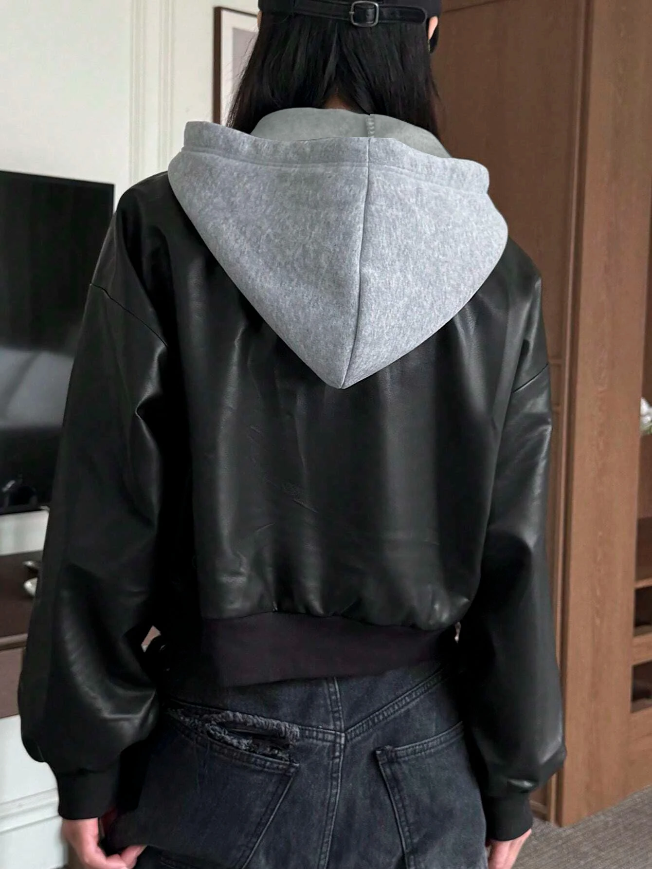 Women's casual contrast color drop shoulder long sleeve zipper hooded jacket | PU leather front zipper hooded loose jacket | Aut