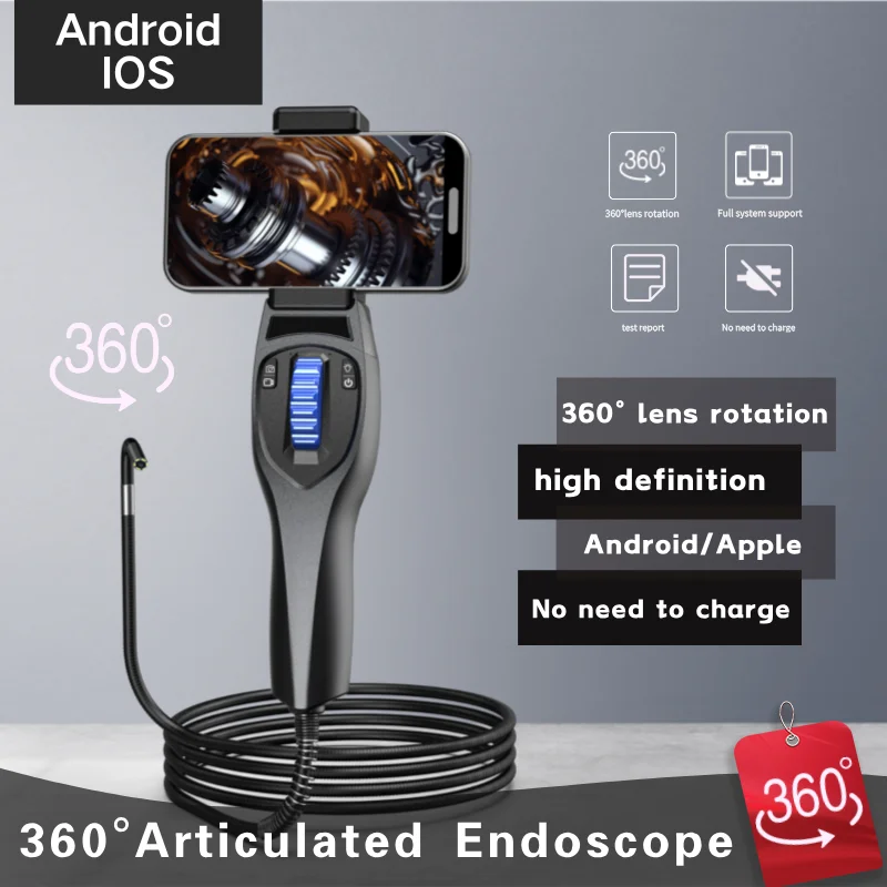 New Two-Way 360° Articulating Endoscope Camera 6.2mm 720P For Android/iPhone Sewer Pipe Repair Industrial Borescope Waterproof