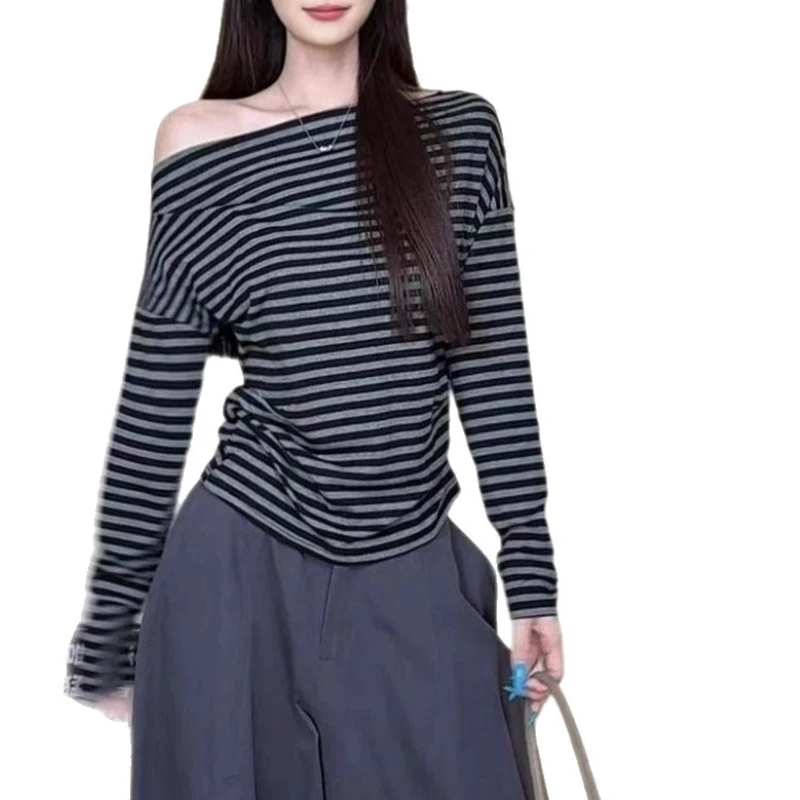 Women Vintage Striped Off Shoulder Long Sleeve Top Korean Lazy Slant Shoulder Slim Casual Blouse view 5