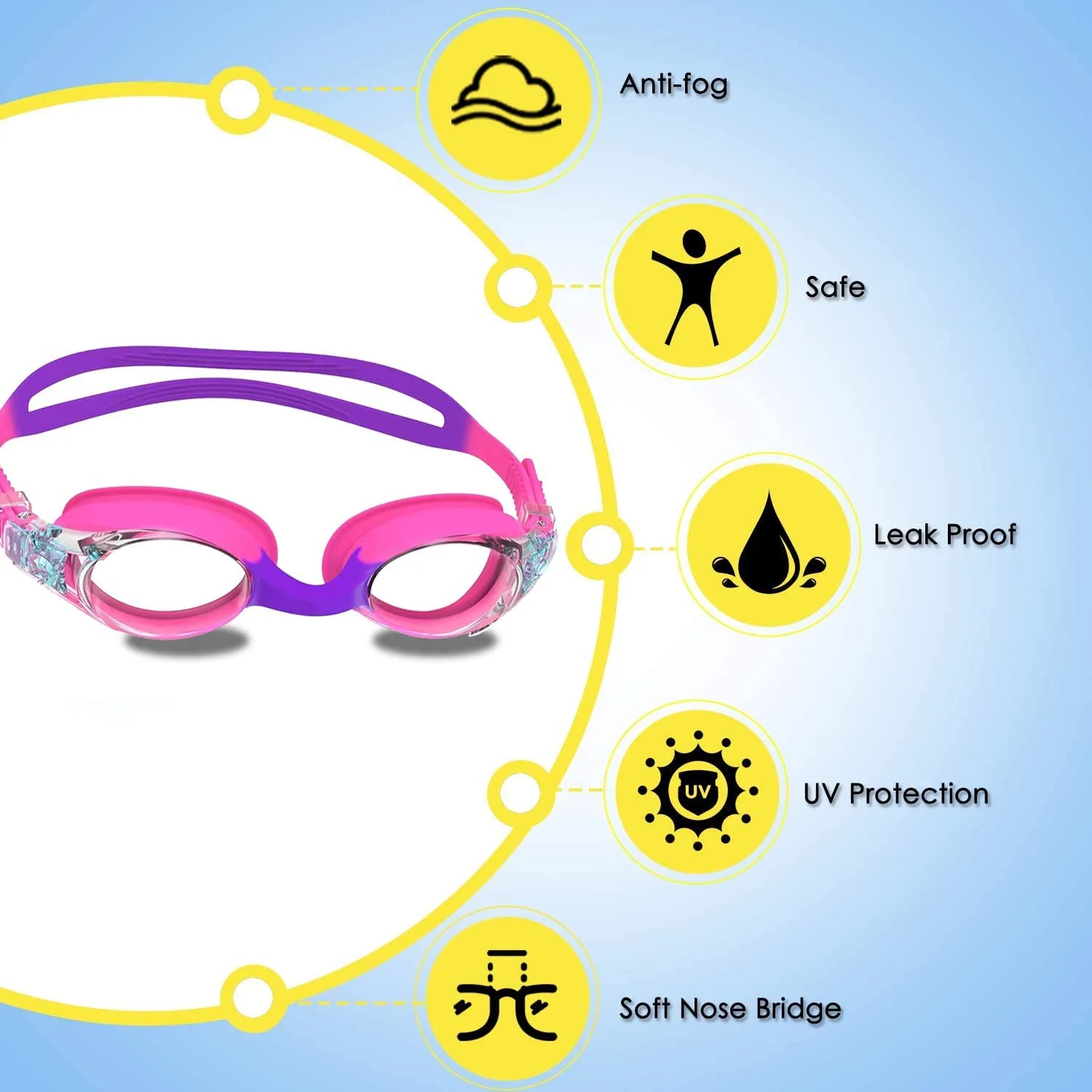 Kids Swim Goggles and Silicone Swim Cap set with Nose Clip Earplugs,Waterproof No Leaking Anti Fog UV Protection for Boys Girls