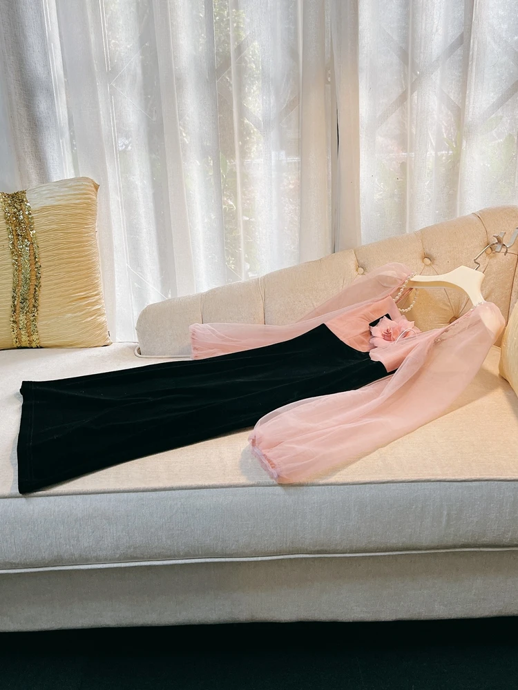 Ele กํามะหยี่ชุดราตรี Dr สี Blo Design และพิมพ์ลายดอกไม้เอวสูงยาว Sve ความยาวกลาง A-Line ชุดสําหรับสตรี