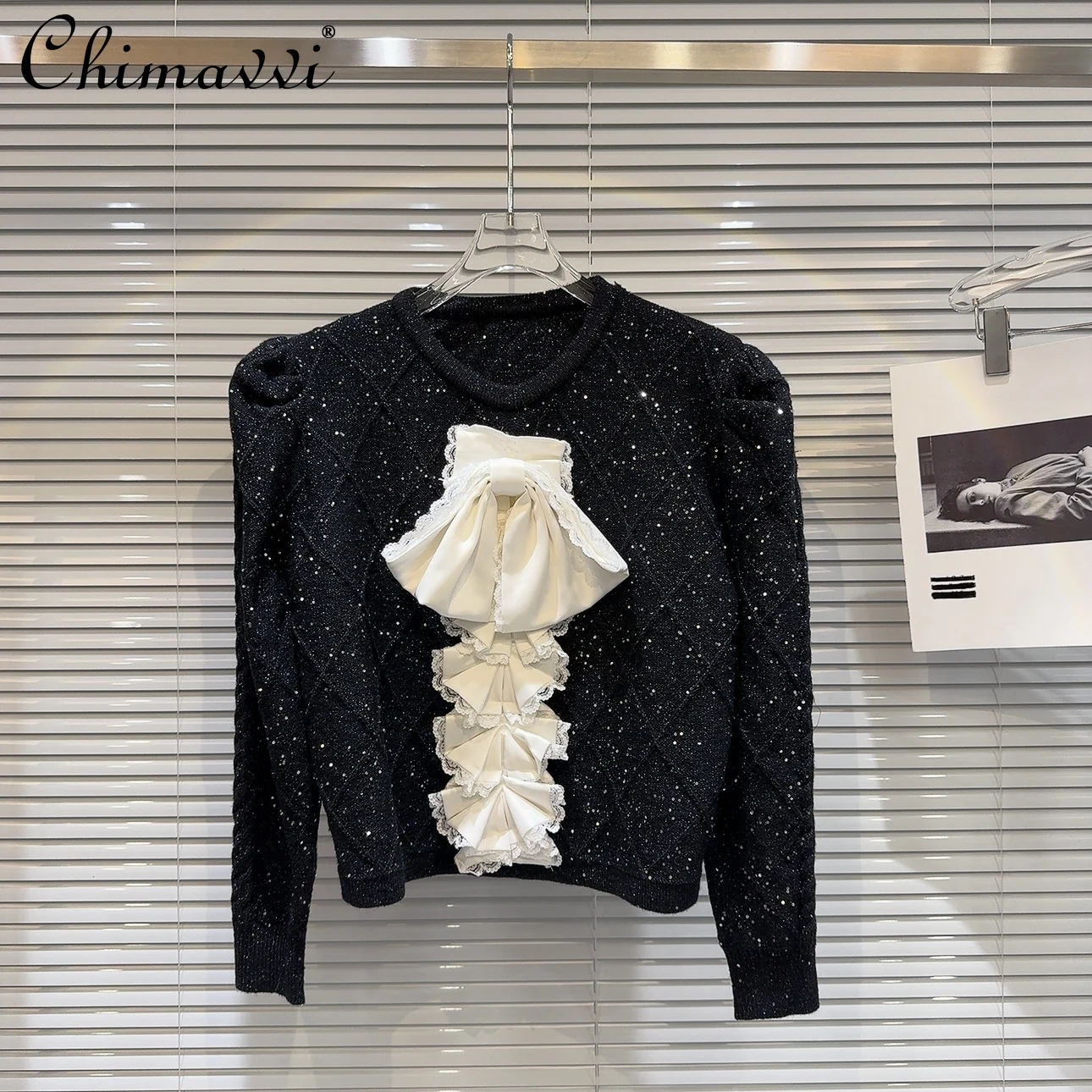 2024 Autumn New French Fashion Bow Tie Sequined Sweater Femininity Bubble Sleeve Versatile Elegant Knitted Sweater Women Tops