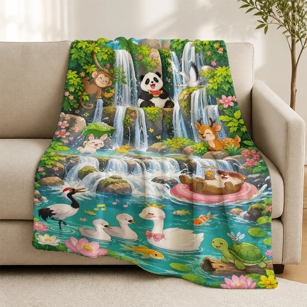 Highly Detailed Cartoon Animal Pond Waterfall Theme Throw Blanket Sofa Throw Couch Decor Jungle Nature Cozy Winter Blanket Gift