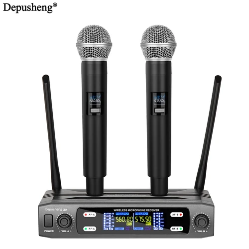Imagen 2 del producto Micrófono inalámbrico de mano Dual 2 canales UHF micrófono dinámico de frecuencia fija para Karaoke boda fiesta espectáculo de banda