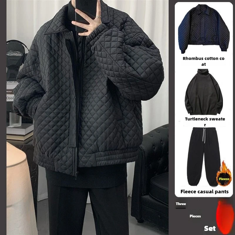 2024 senior sense design sense niche cotton clothes men's trendy brand ins rhombus grid thickened cotton clothes loose jacket