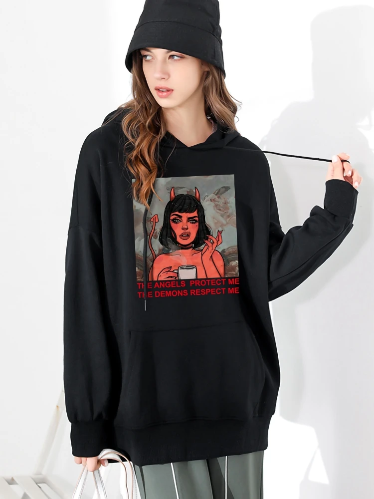 Hoody Cartoon Little Devil Girl Warm Hoodies Female Loose Harajuku Women\'S Clothing Hip Hop Fashion Women Sweatshirts With Hood