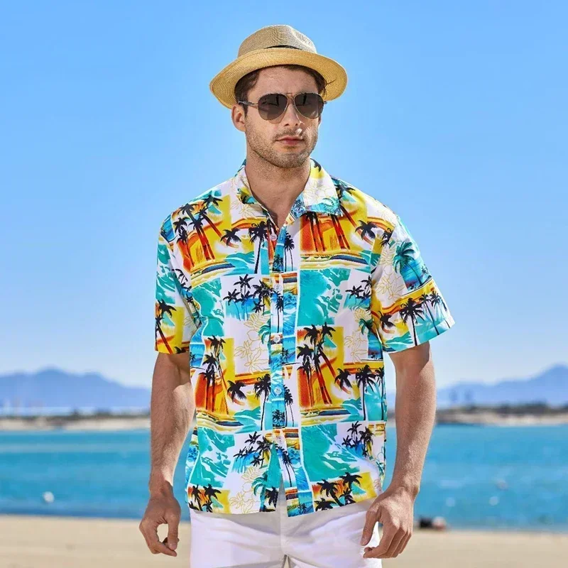 

Aloha Shirt Men Clothing Summer Coconut Tree Printed Short Sleeve Green Hawaiian Shirts Mens Beach Wear Blouses Tops Male