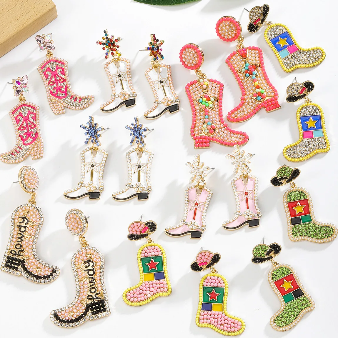 Vedawas Bohemian Rhinestone Beaded Boots Cowboy Hat earrings,Western Style Holiday Party Women Accessories