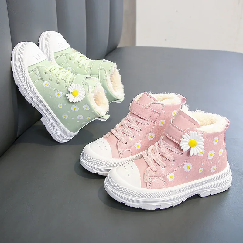 Girls' plush and thick cotton shoes 2024 new style anti slip waterproof and warm boots for primary and secondary school students