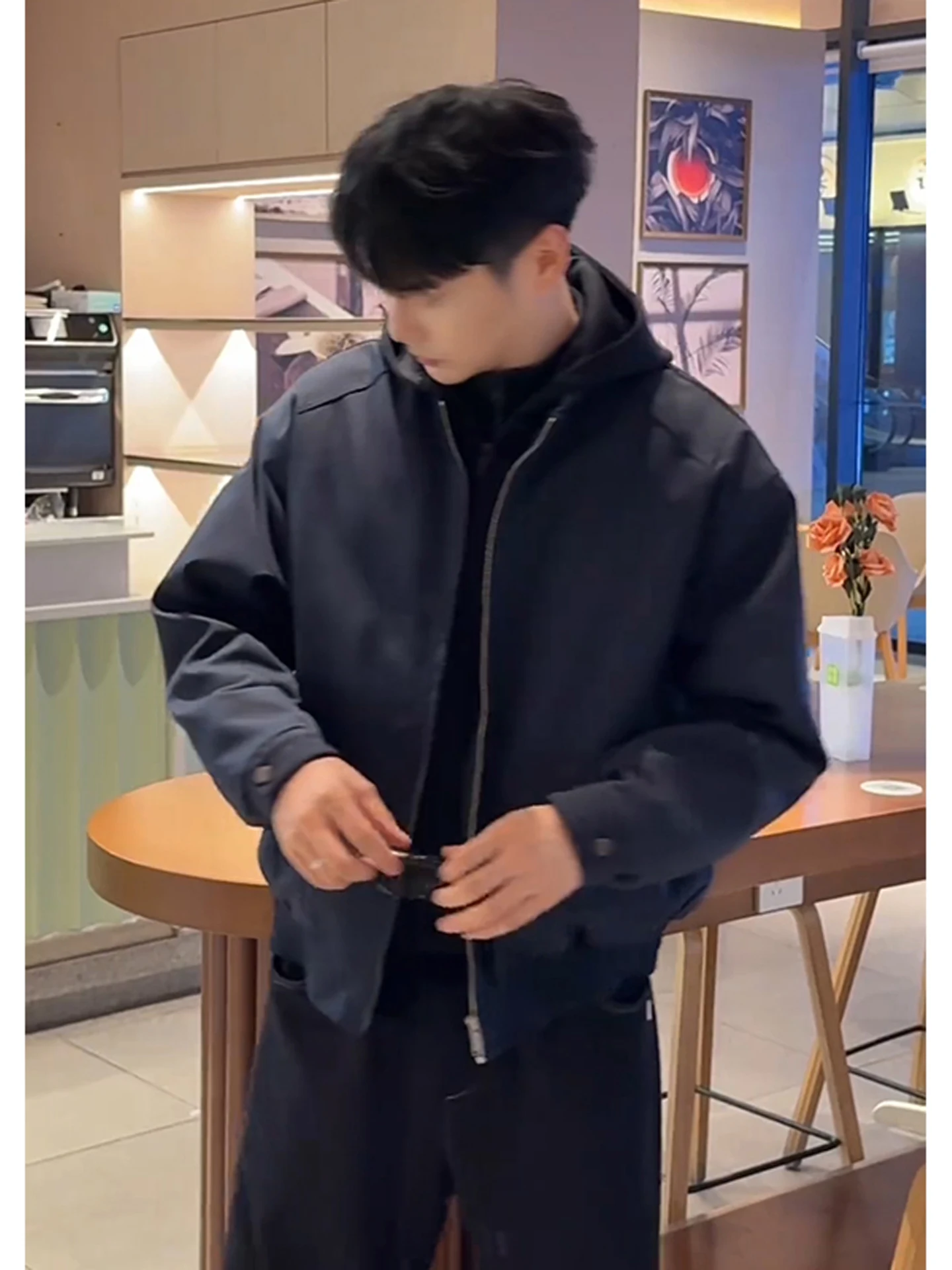 

Blue Hooded Thiened Fce Lined Men's Cotton Jaet Winter Warm Baseball Sle Coat Casual Loose Fit Long Sve Coat