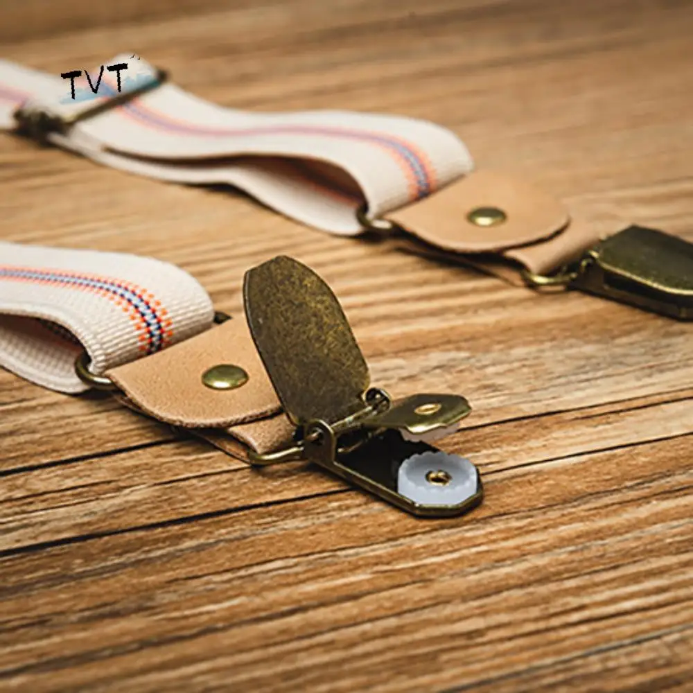 Suspender Retro Kasual untuk Pria, Klip Logam Anti-Selip, Suspender Tipe-Y Gaya Inggris, Aksesoris Jas, Suspender Bergaris dengan Klip untuk Jas