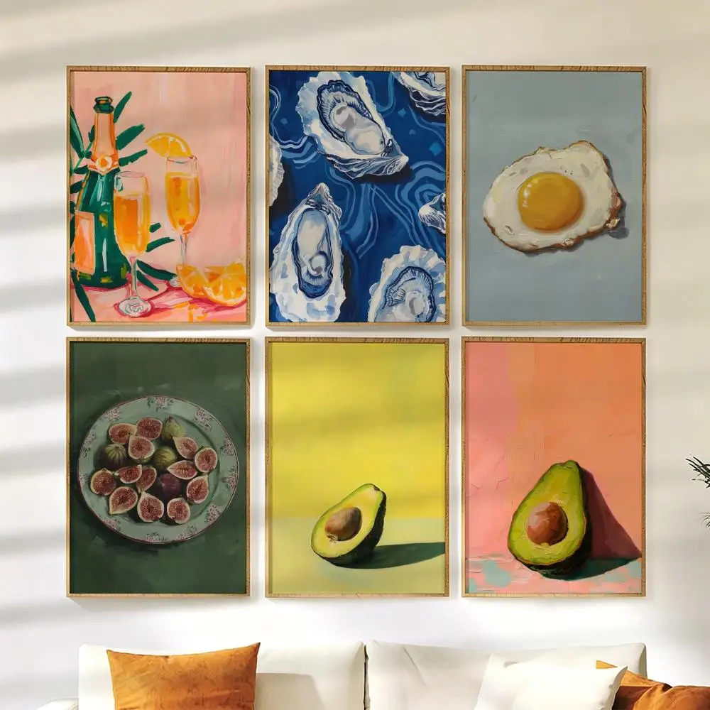 Vintage Dining Fruit Orange Avocado Poster Wall Stickers HD Painting Self Adhesive Art Decals for Bedroom Living Room Home Decor