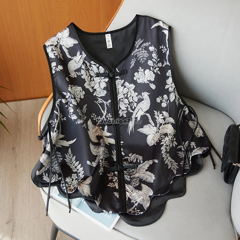 2024 new chinese style pan button vest autumn over size loose leisure versatile vest fashion design sense exquisite printing top