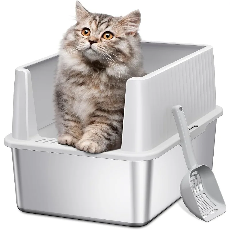 Stainless Steel Litter Box with Lid, Extra Large Cat Litter Box, XL Large Metal Litter Box for Big Cats with High Sided