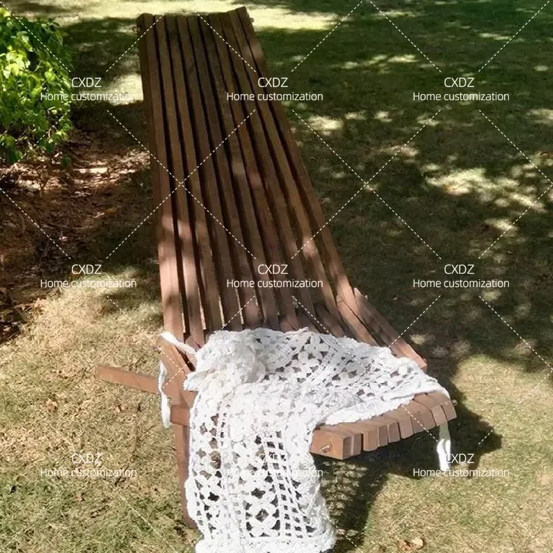 Nordic Solid Wood Folding Outdoor Recliner Balcony Leisure Chair Beach Chair for Sitting and Lying Down Living Room Home