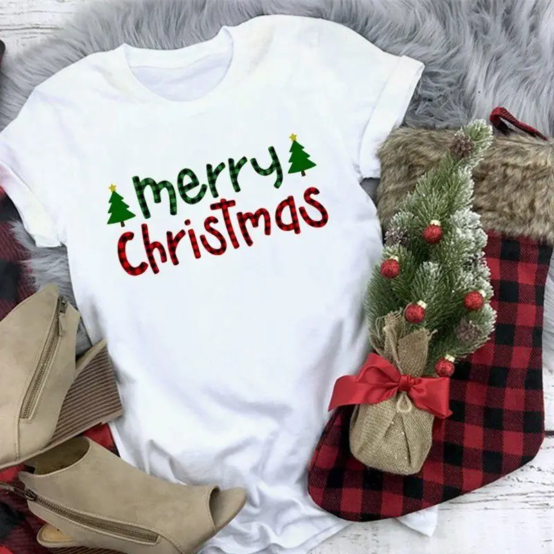 

Women's Fashion Christmas Pattern Cute T-shirt Holiday White Short Sleeved Top Checkered Merry Christmas T-shirt Soft T-shirts