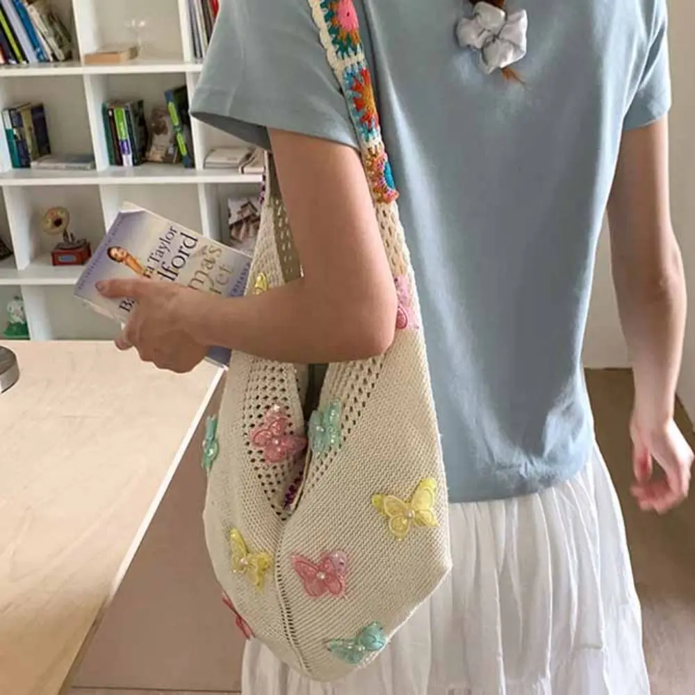 

Hollow Out Butterfly Knitting Bag Beach Handbag Tote Bag Beach Bag Bohemian Style Large Capacity Hollow Shoulder Bag Summer