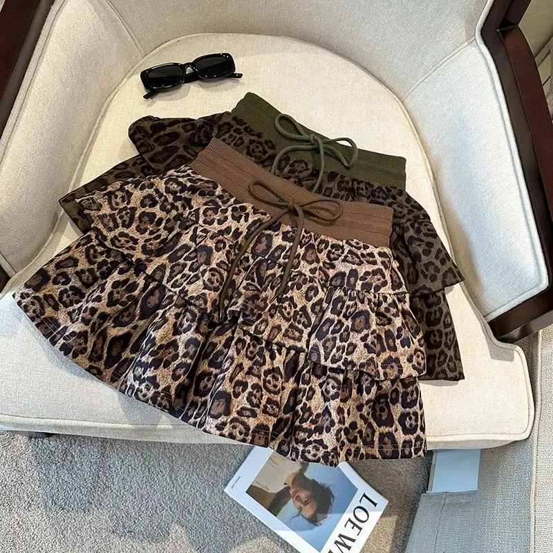 American Leopard-Print Pengpeng Cake Skirt Women's A-Shaped Short Skirt With High Waist And Lotus Leaves Autumn And Winter