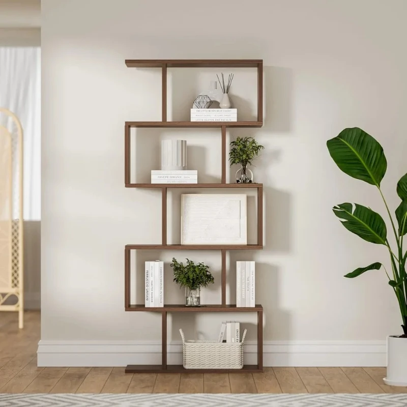 Geometric S Curved Modern 5 Tier Brown Bookcase Shelving Duo 62.6 Inch High Room Divider Decorative Display Shelf