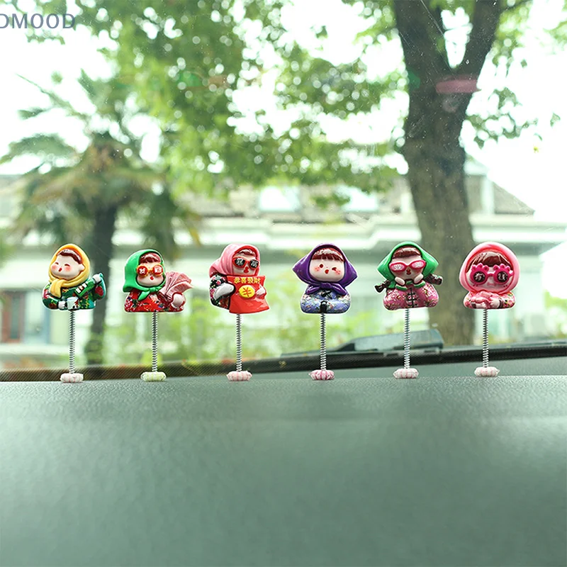 6Pcs Cute Mini Shaking Head Village Girl Car Dashboard Ornament Car Fun Decor Interior Fairy Garden Home Car Gifts