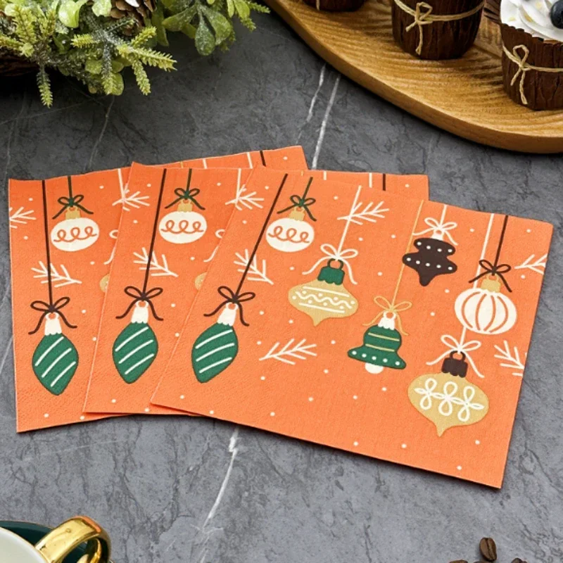 Orange Christmas Lights Printed Napkins Square Christmas Party Decoration Coloured Wood Pulp Paper Towels 20 Sheet Paper Napkins