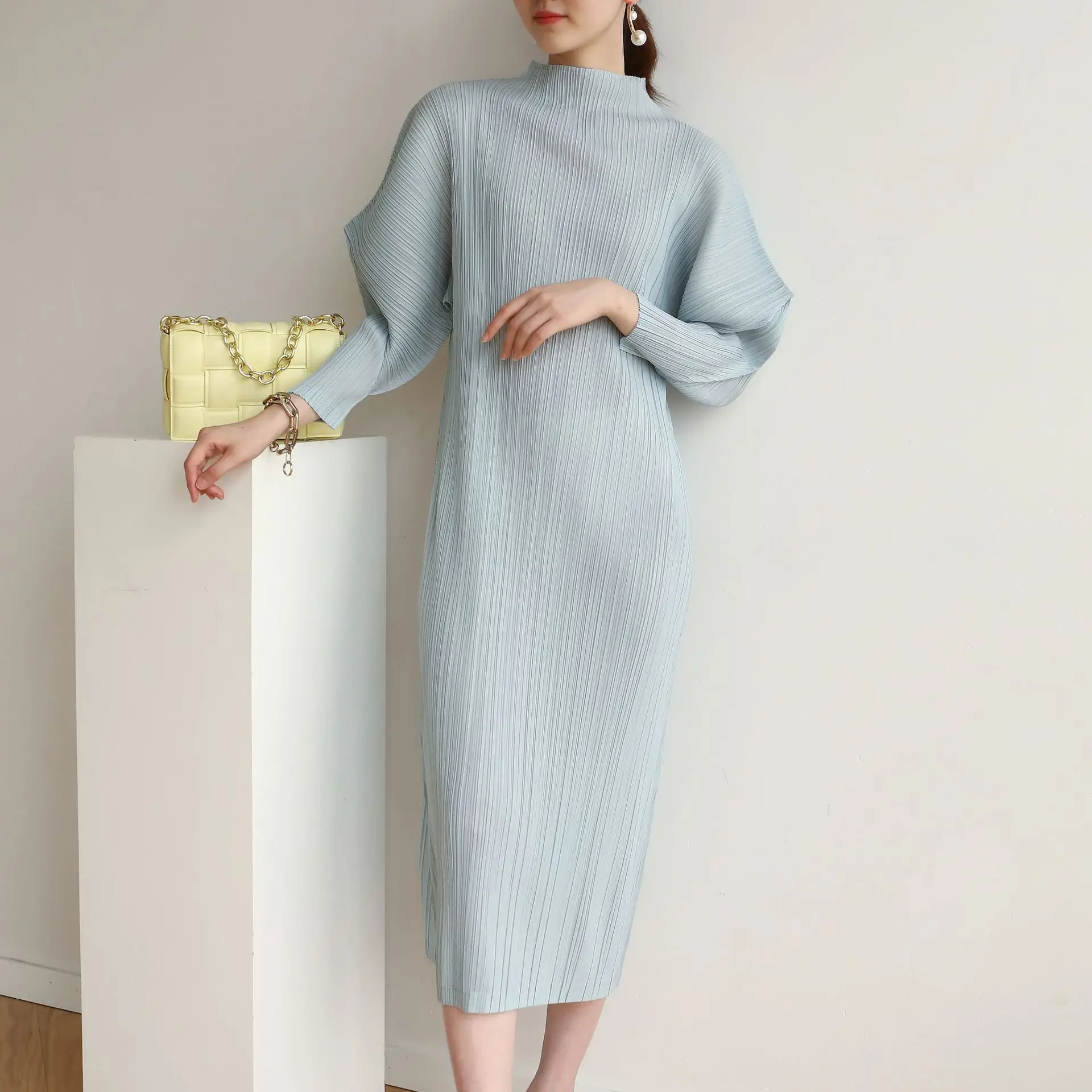 

Miyake Pleated Bat Sleeve Long Dress Korean Version High Fashion Half High Neck Casual Elegant Women's Designer Clothing