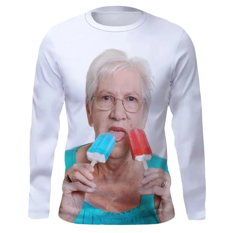 

Hip Hop Fashion Haute Couture Licking Red Popsicle Spring and Autumn Men's Long Sleeve T-ShirtKawaii Grandma FunGraphic T Shirts