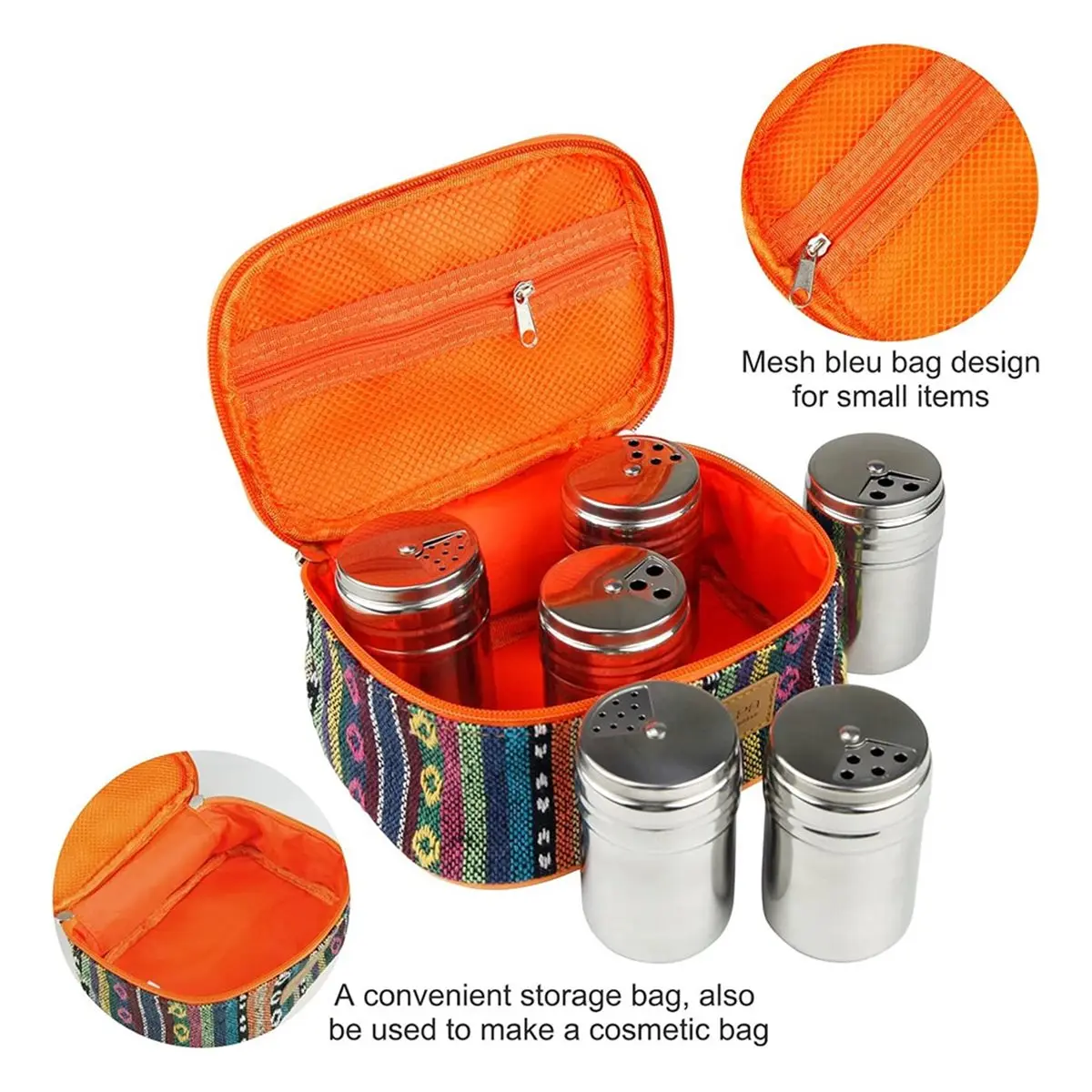 6Pcs Stainless Steel Spice Shaker, Camping Spice Kit with Travel Bag,Salt and Pepper Shakers for Salt Sugar Dry Spice