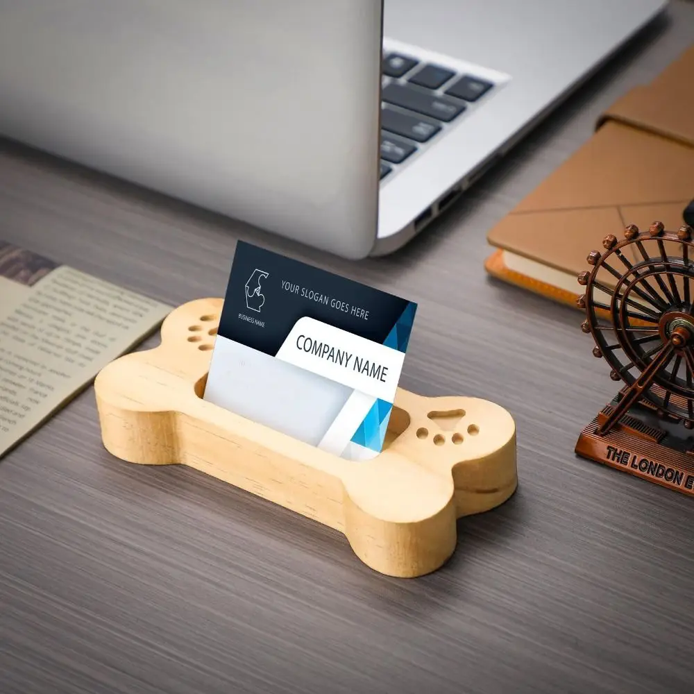 Durable Solid Wood Desktop Shelf Box Creative Location Card Organizer Display Stand Dog Bone Business Card Case Office