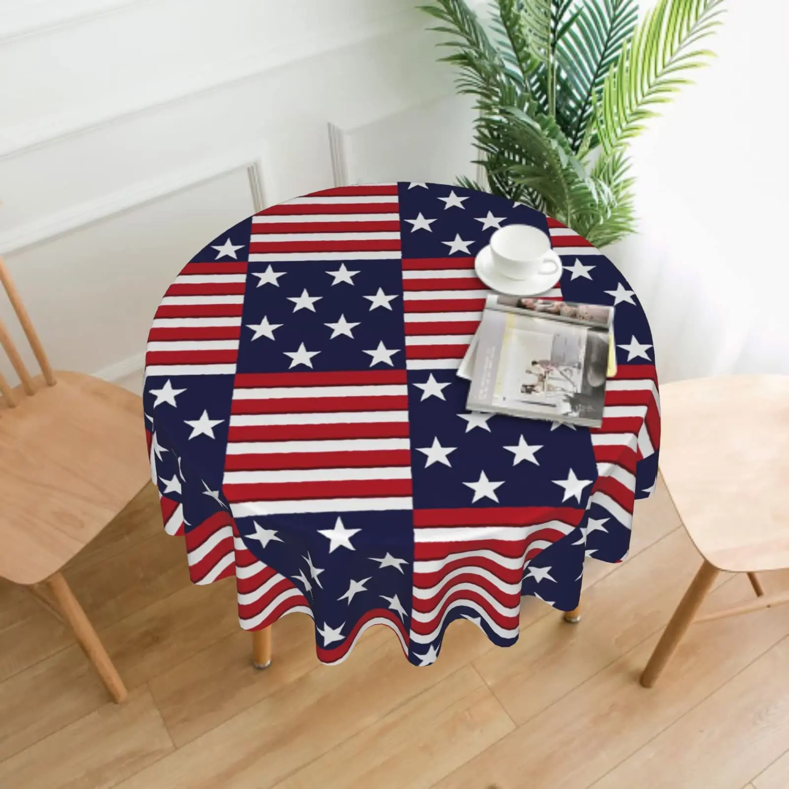 4th of July Table Cloth American Flag Round Tablecloth 60 Inch Patriotic Red White and Blue Stars Stripes Decorative Tablecloth