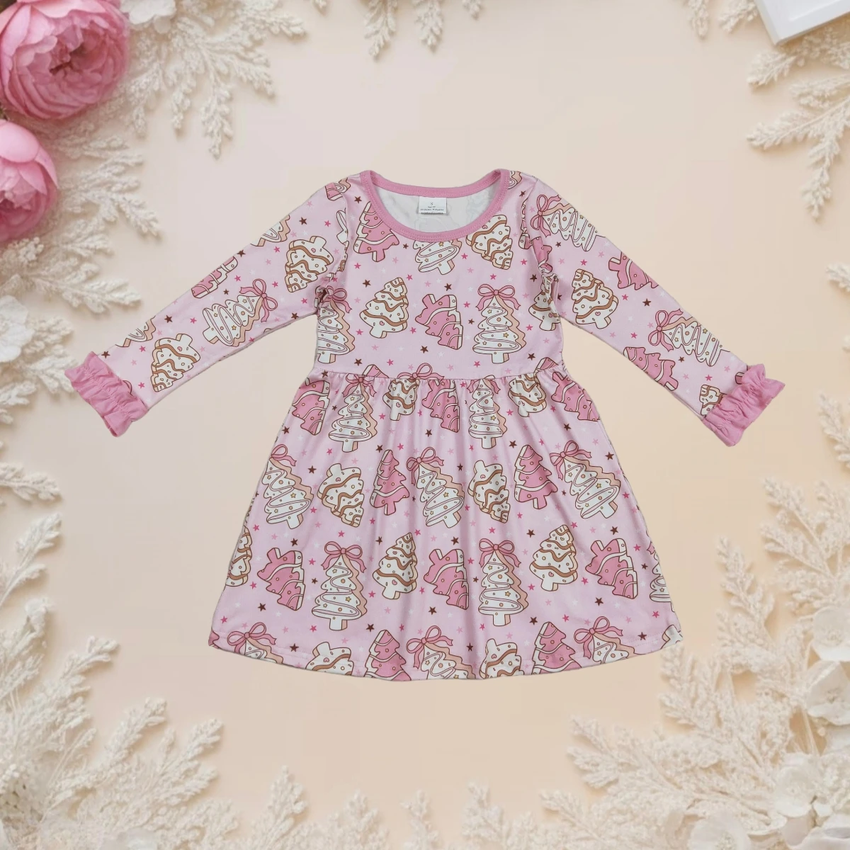 

Baby Girl Sweet Princess Dresses Long Sleeve Christmas Trees Cake Ruffle Fall Knee Length Party Festive for Kids Toddler Fashion