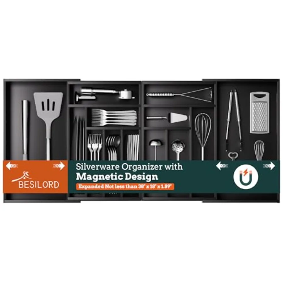 

Silverware Organizer Large Magnetic Connected Expandable Silverware Drawer Organizer From 21 to 37.4 Inch Adjustable Flatware a