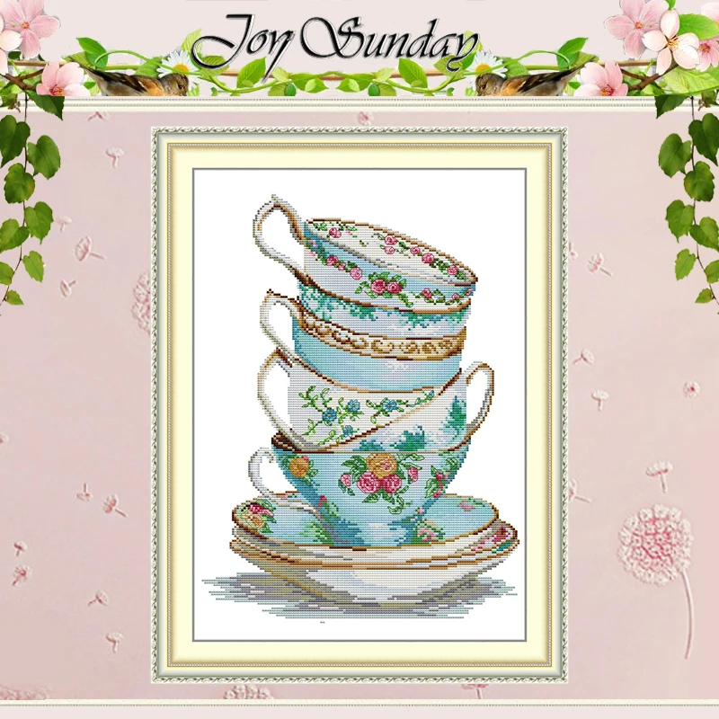 

Teacup and Saucer Patterns Counted Cross Stitch Set 11CT 14CT 16CT HD Stamped DMC Cross-stitch Kit Embroidery Needlework Crafts