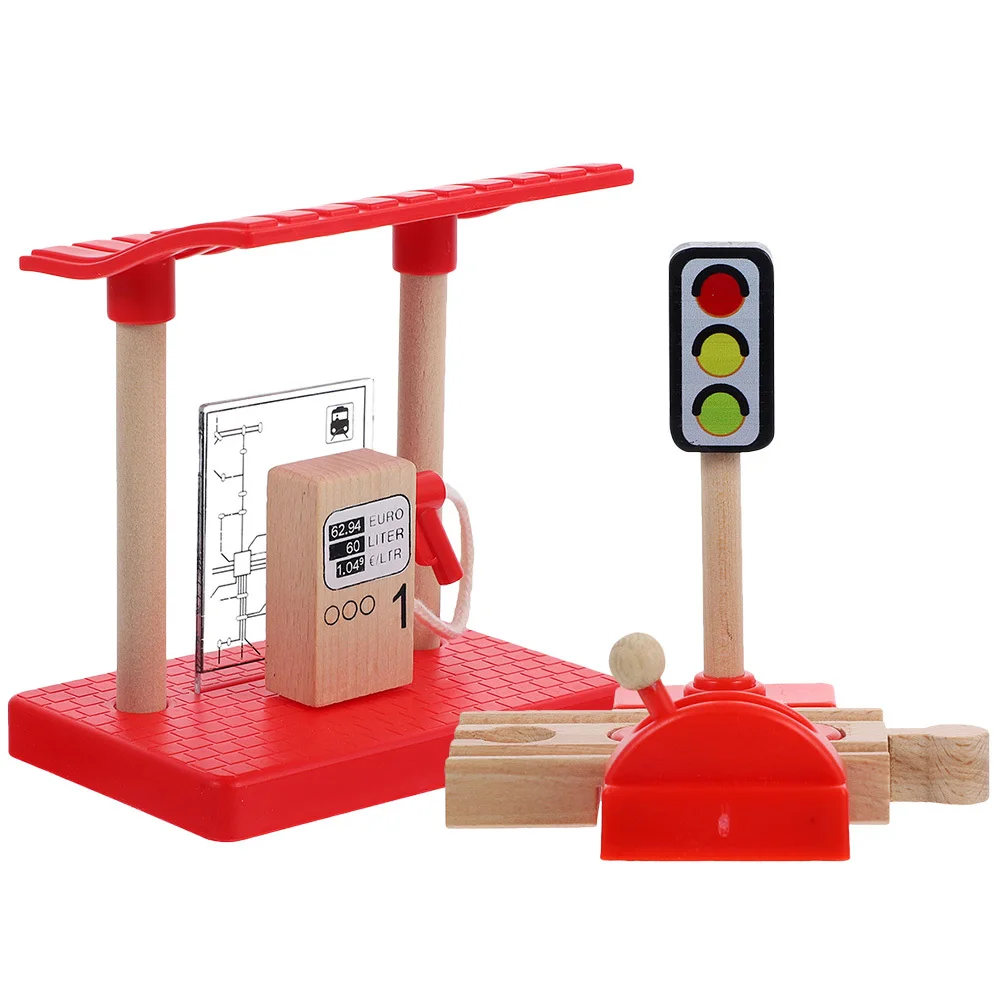 1Set Wooden Train Track Accessories Cute Road Block and Gas Station for DIY Scenes Rotating Handle Control Fine Motor Skill