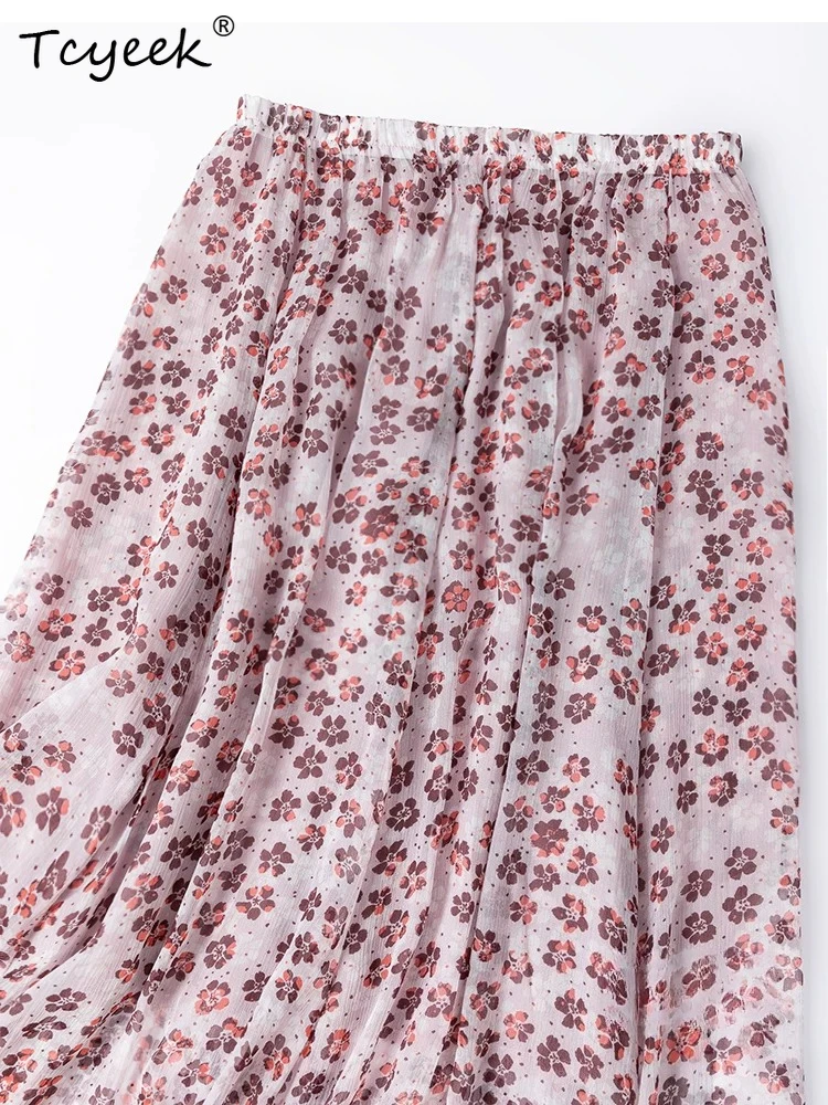 Tcyeek 100% Real Silk Long Skirts 2026 Spring Summer New Arrive Flowing Two-layer Beach Skirt Women Clothing Faldones Para Mujer