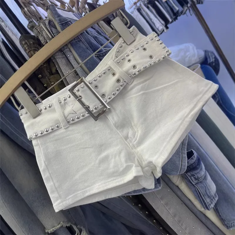 Wide Belt Spice Girl Elastic Tight White Denim Shorts Summer New Fashion Personalized Hip Jeans Hot Pants Y2k Shorts