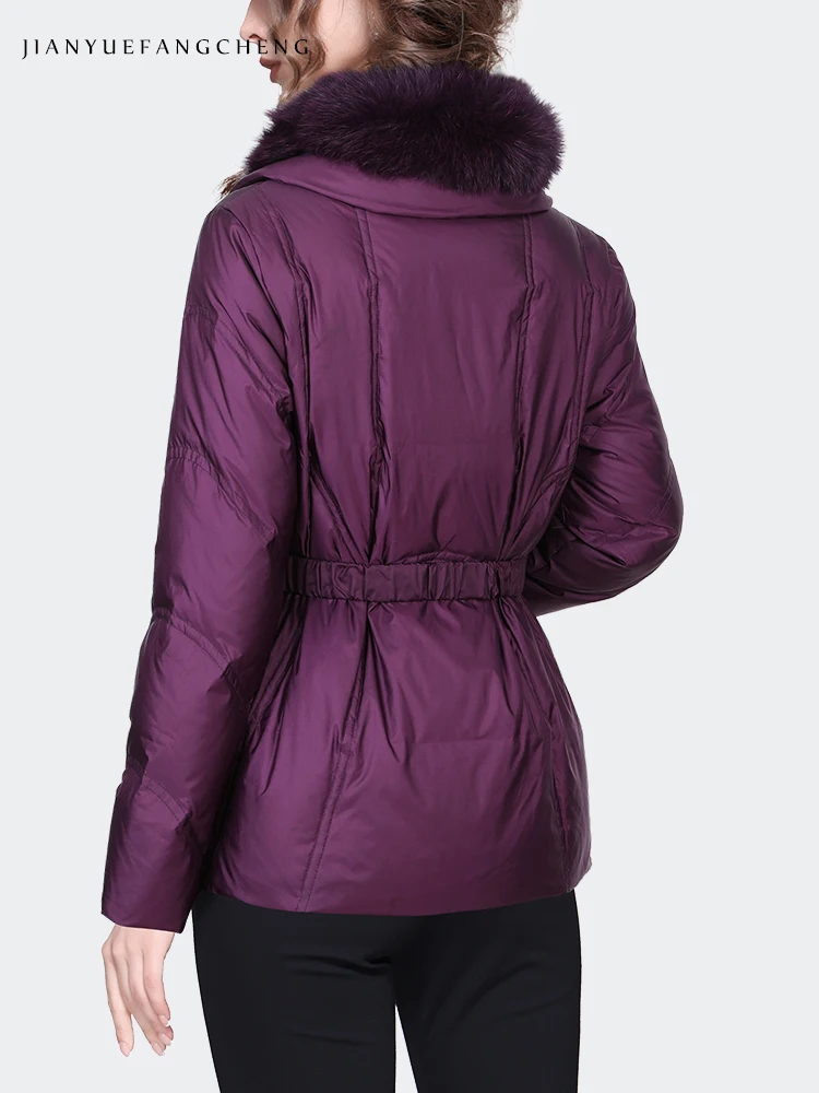 Women Purple Down Jacket For Winter With Fox Fur Collar Long Sleeve Elastic Waist Snaps Closure Warm Windproof Duck Down Coat