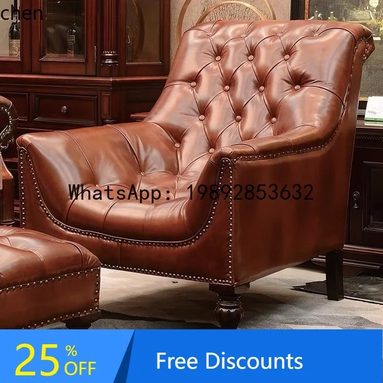 YFY Solid Wood Genuine Leather Vintage Sofa Living Room Leather Art Button Chair Bedroom Leisure Single Sofa