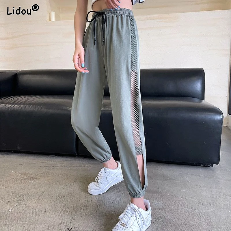 

Casual Solid Hollow Out Pants Simplicity Patchwork Lacing Comfortable Quick Dry Sports Summer Elastic Waist Women's Clothing