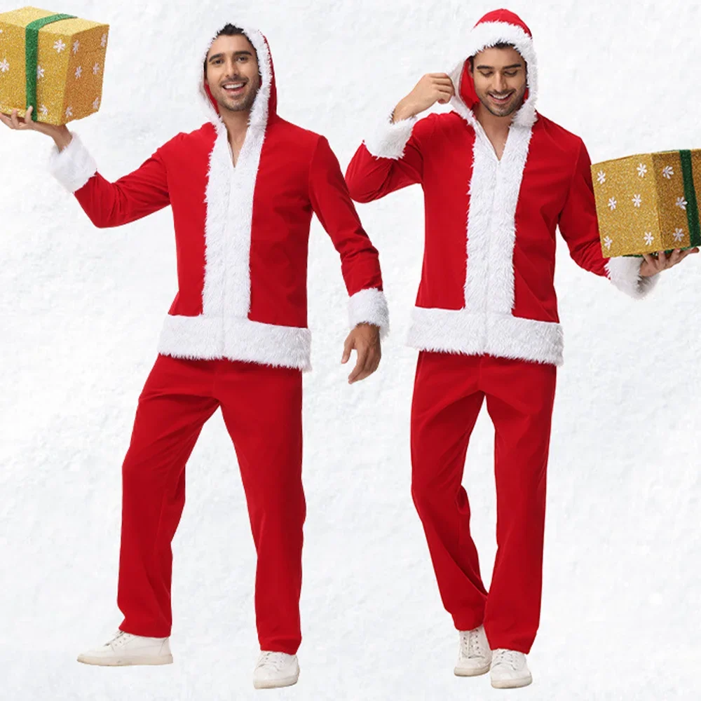 Papai Noel uniforme cosplay para adultos e crianças, fantasia de Natal de veludo, homens e mulheres, festa de ano novo, véspera de Natal, adulto