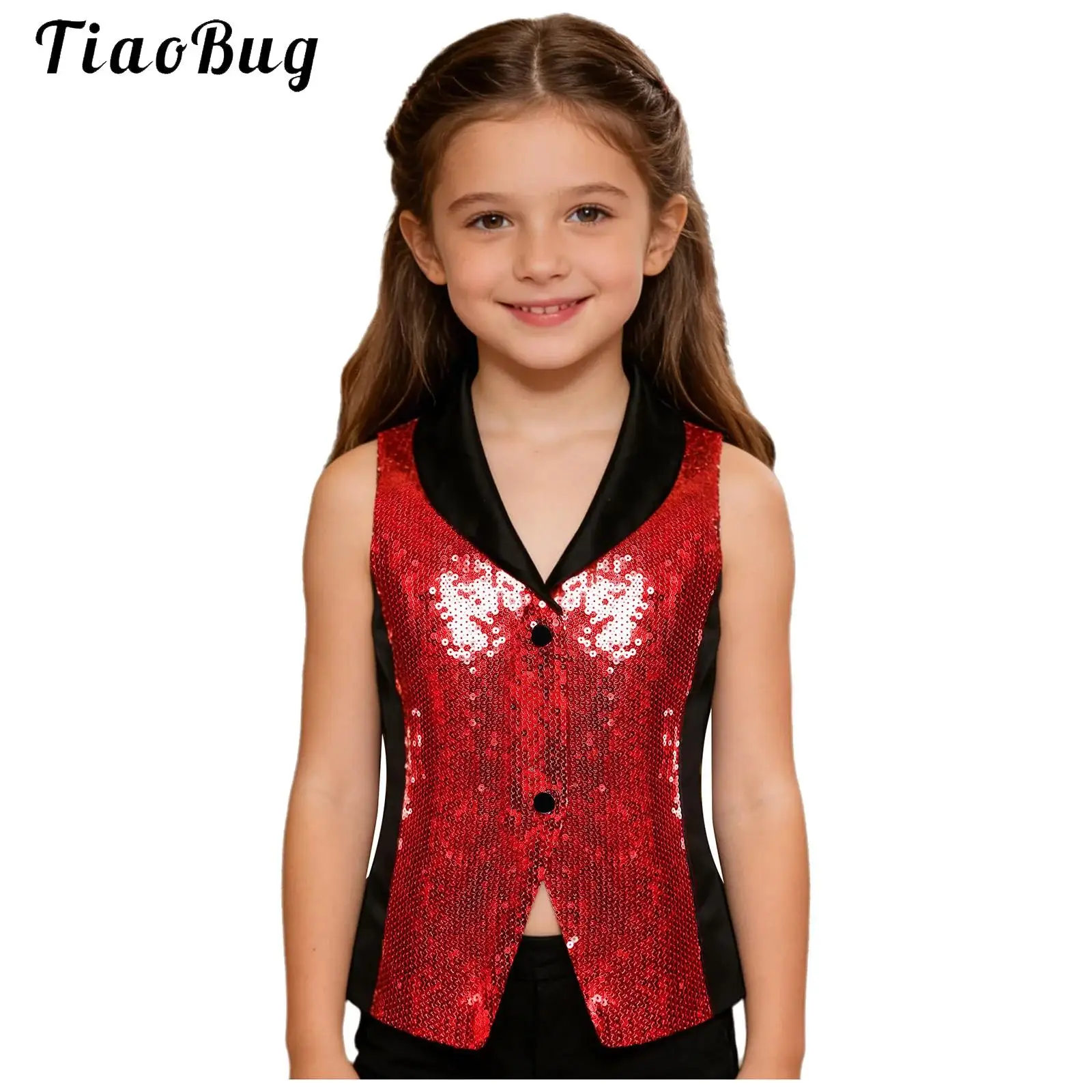 Kids Girls Glittery Sequins Satin Waistcoat Lapel V Neck Vest Tank Top Hip-hop Jazz Dance Vest Disco Stage Performance Costume