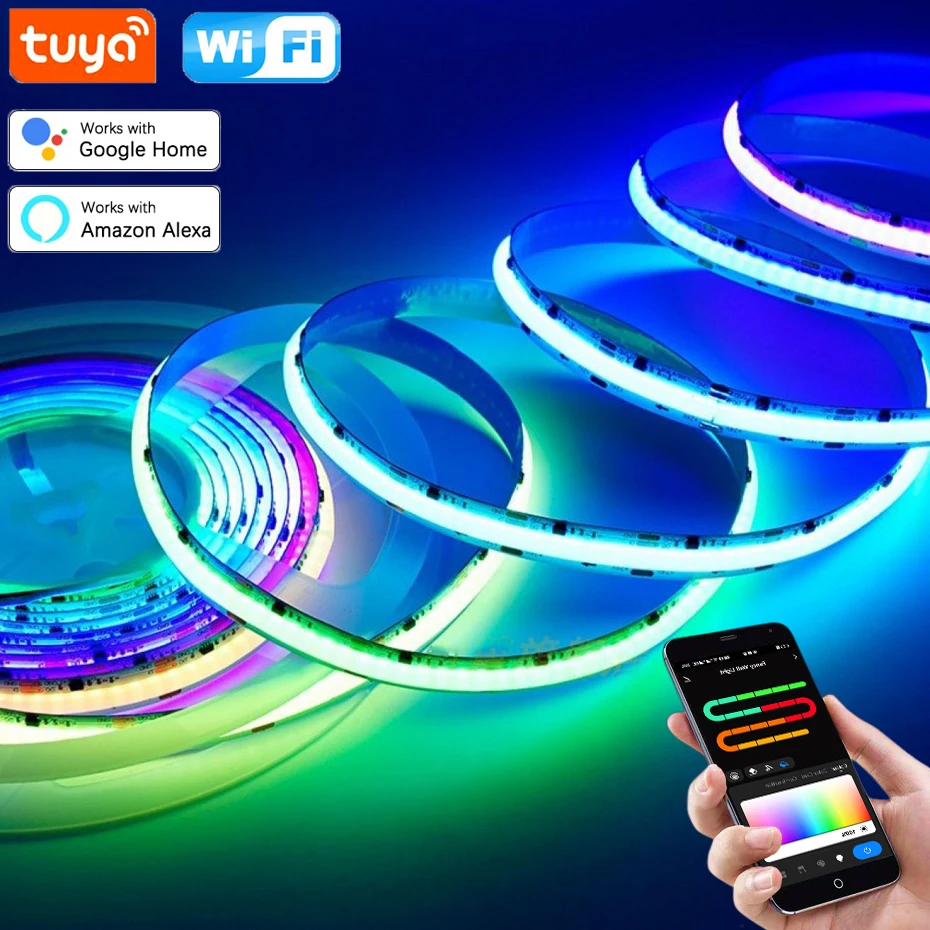 Dimmable RGBIC COB LED Strip Light Remote APP Control 24V Led Ribbon Adhesive RGB Tape Lamp Dream Color with EU US UK AU Plug
