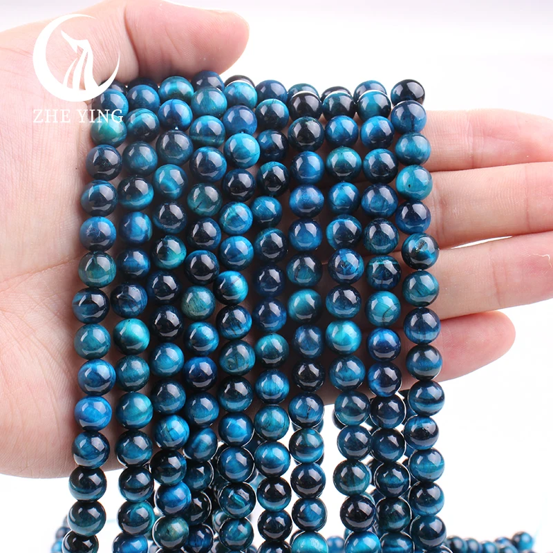 Zhe Ying High Quality Brazil Blue Tiger Eye Beads Round Smooth Loose Beads For Jewelry Making DIY Bracelet Necklace Earring