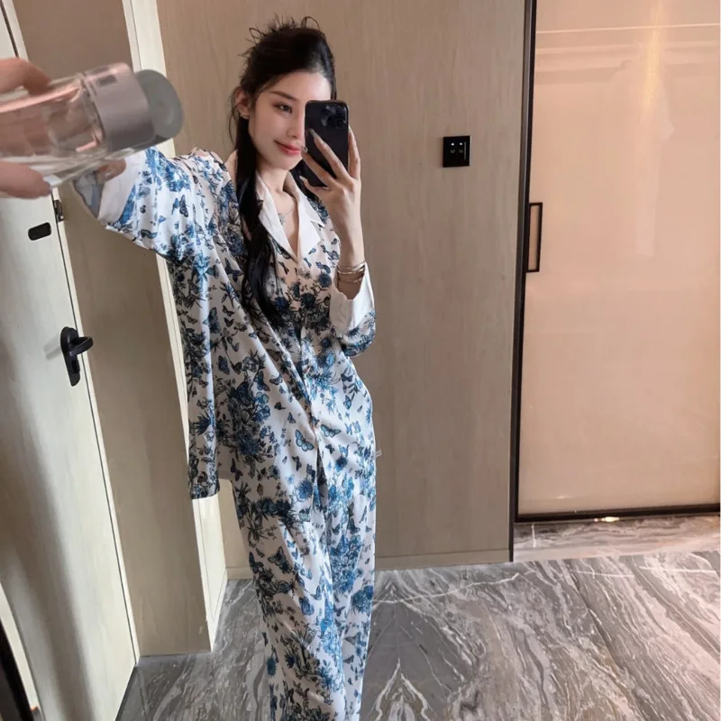2025 Spring Autumn Luxury Blue Butterfly High-End Women Pajamas Two Piece Set Long Sleeve Pants Loungewear Nightwear Sleepwear