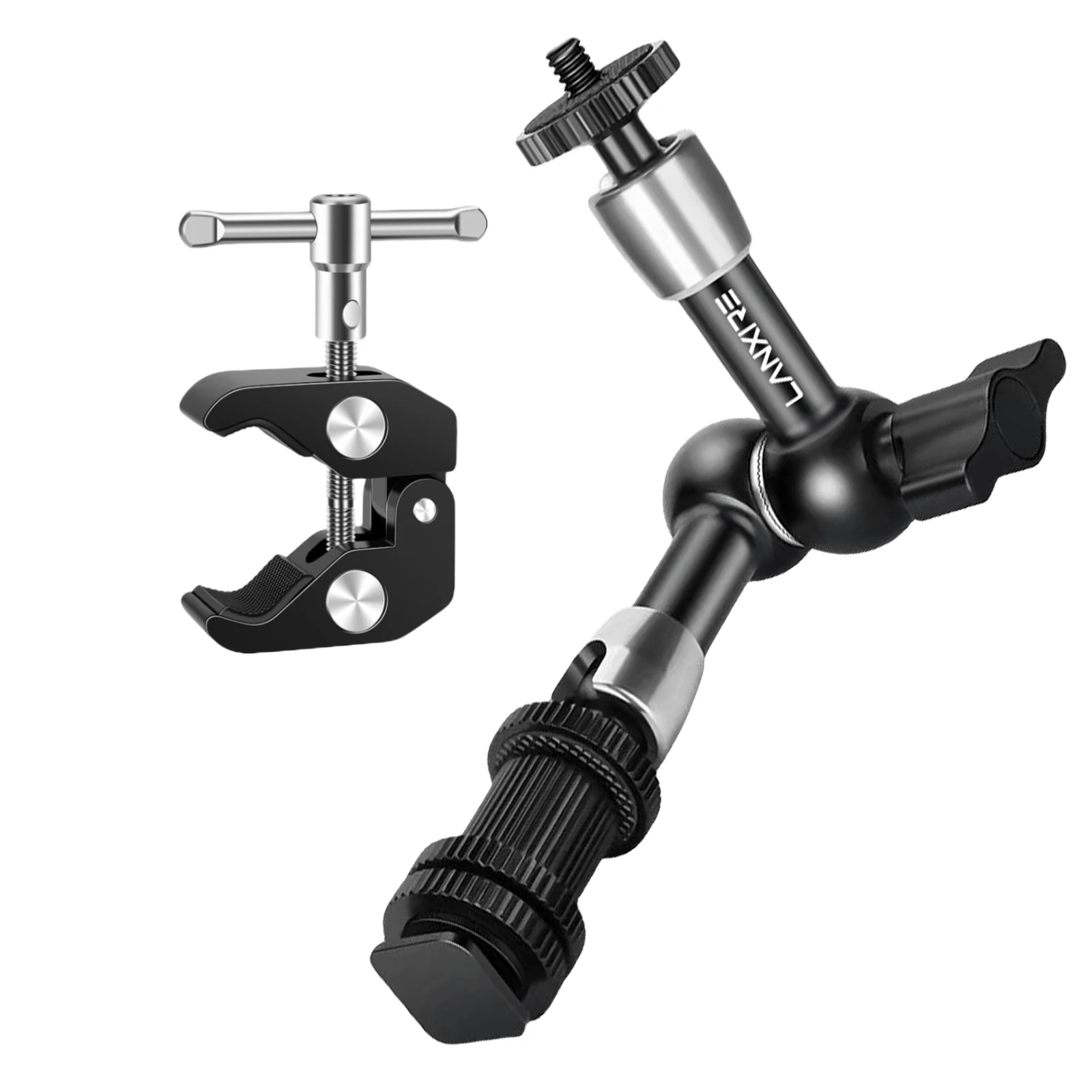 Lanxire 7" Magic Arm Super Clamp Kit, 1/4" & 3/8" Schroef en Cold Shoe voor Camera Cage, Monitor, LED-licht, Microfoon en Video Rig voor Vloggen en Fotografie