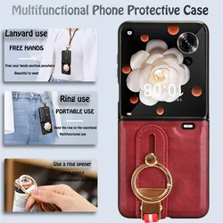 For Honor Magic V Flip Wrist Strap Ring Bracket Phone Holder Case For Honor Magic V Flip Leather style Case Drop-Resistant Cover
