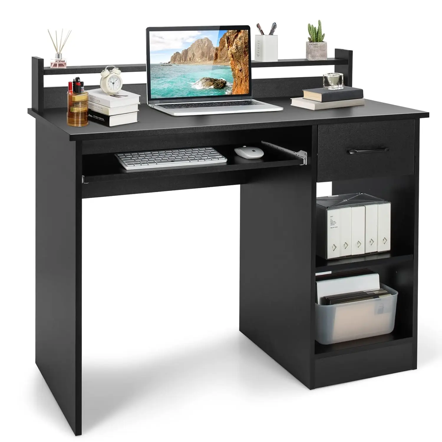 

Computer Desk with Drawer & Keyboard Tray, 22 Inch Wide Modern Study Writing Desk with Desktop Hutch & Storage Shelves, Home Off
