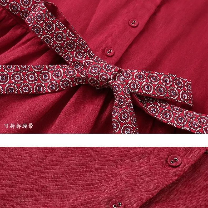 Ethnic Waist Slimming Dress Retro Style Lace-up Cotton and Linen Long Skirt